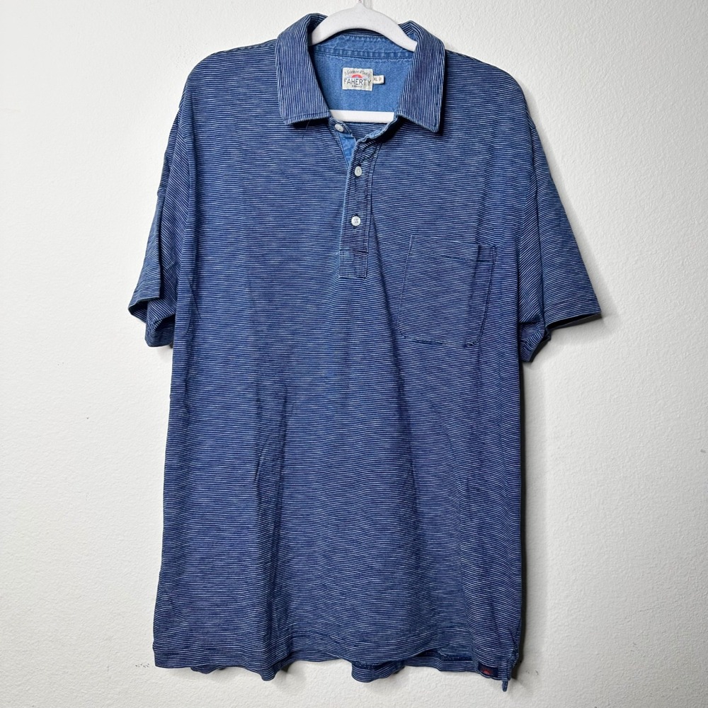 Faherty Mens Indigo Blue White Micro Stripe Cotton Short Sleeve Polo Shirt XL